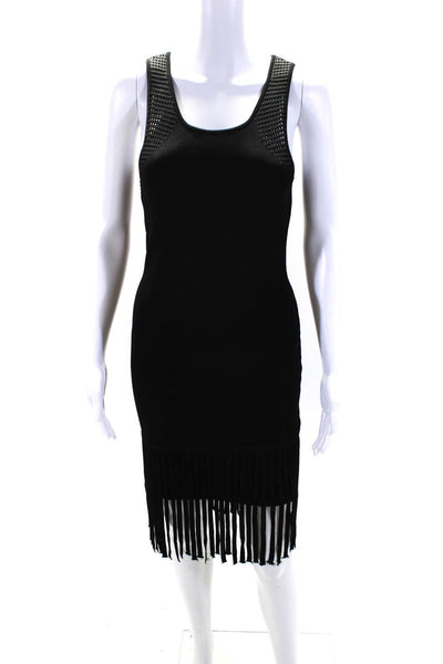 Shoshanna Womens Fringe Hem Perforated Knit Sheath Dress Black Size Petite