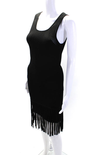 Shoshanna Womens Fringe Hem Perforated Knit Sheath Dress Black Size Petite