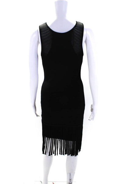 Shoshanna Womens Fringe Hem Perforated Knit Sheath Dress Black Size Petite