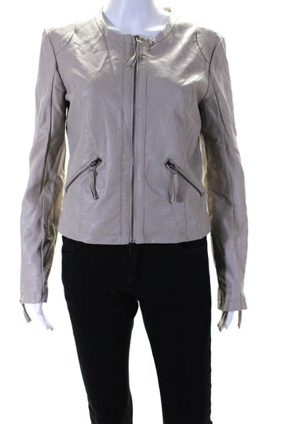 Bagatelle Womens Perforated Faux Leather Full Zipper Jacket Beige Size Small