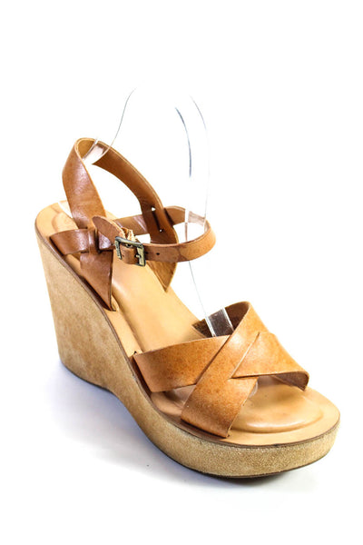 Cork-Ease Womens Leather Suede Platform Strappy Wedges Sandals Beige Size 8