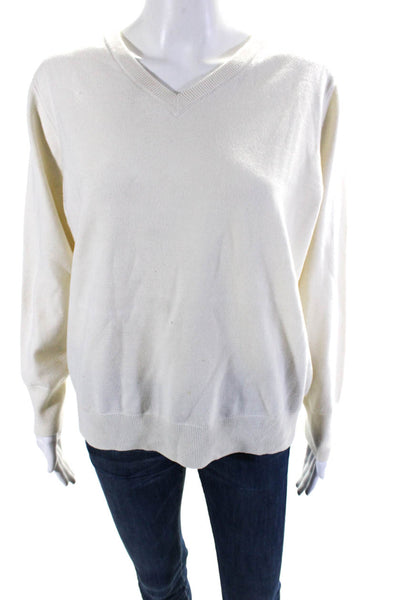 Demylee Womens Cream Merino Wool V-Neck Long Sleeve Pullover Sweater Top Size M