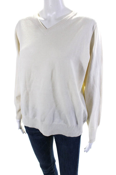 Demylee Womens Cream Merino Wool V-Neck Long Sleeve Pullover Sweater Top Size M