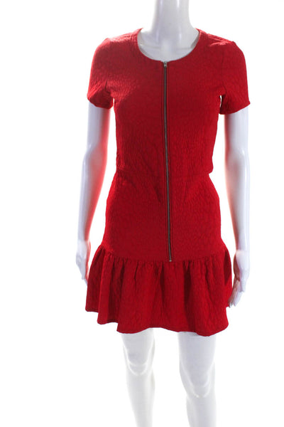 The Kooples Womens Front Zip Short Sleeve Crew Neck Ruffle Knit Dress Red FR 34