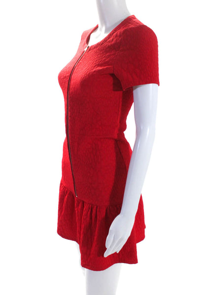 The Kooples Womens Front Zip Short Sleeve Crew Neck Ruffle Knit Dress Red FR 34