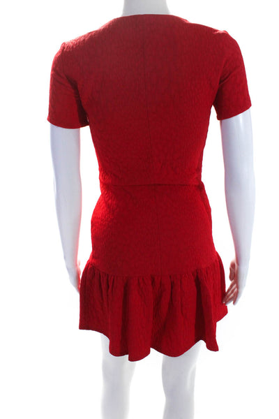 The Kooples Womens Front Zip Short Sleeve Crew Neck Ruffle Knit Dress Red FR 34