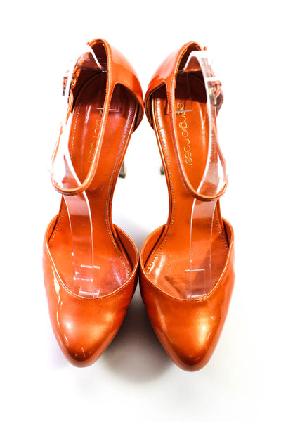 Sergio Rossi Womens Platform Ankle Strap Pumps Orange Patent Leather Size 38