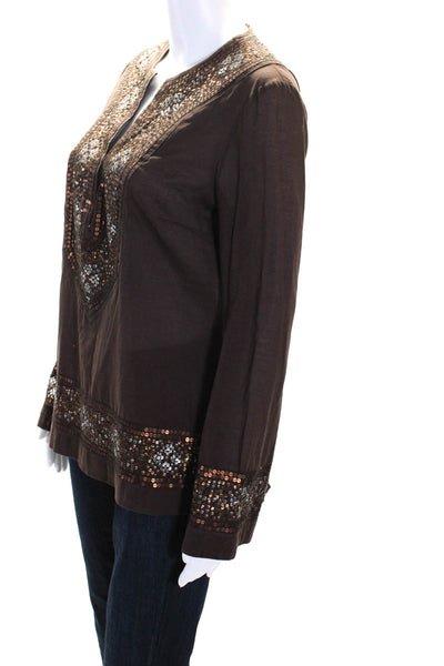 Tory Burch Womens Long Sleeve V Neck Sequin Tunic Top Brown Cotton Size 8