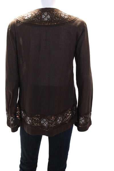 Tory Burch Womens Long Sleeve V Neck Sequin Tunic Top Brown Cotton Size 8