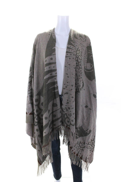Designer Womens Beige Wool Fringe Detail Printed Poncho Sweater Top Size OS