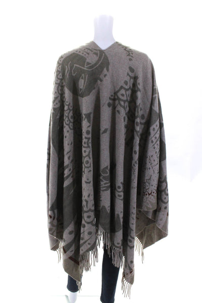 Designer Womens Beige Wool Fringe Detail Printed Poncho Sweater Top Size OS