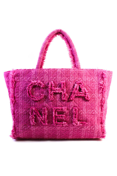 Chanel Womens Wool Tweed Logo Fringe Zip Top Shopping Tote Handbag Pink