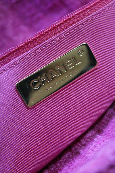 Chanel Womens Wool Tweed Logo Fringe Zip Top Shopping Tote Handbag Pink