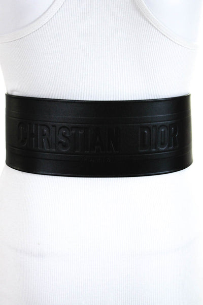 Christian Dior Debossed Logo Double Buckle Wide Leather Waist Belt Black Sz 75cm