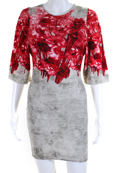 Giambattista Valli Womens Knit Floral Half Sleeve Sheath Dress Red Gray Size XS