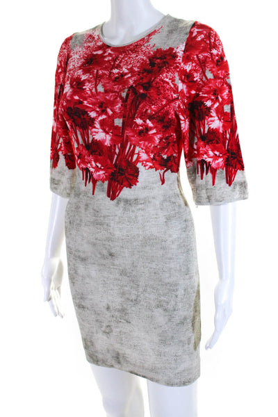 Giambattista Valli Womens Knit Floral Half Sleeve Sheath Dress Red Gray Size XS