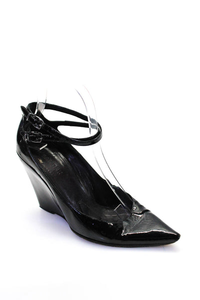 Jil Sander Womens Patent Leather Ankle Strap Pointed Toe Wedges Black Size 8.5