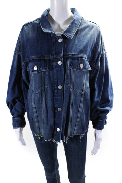 Allsaints Womens Cotton Denim Frayed Hem Crop Button Up Jean Jacket Blue Size 8