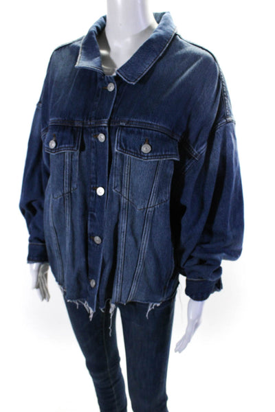 Allsaints Womens Cotton Denim Frayed Hem Crop Button Up Jean Jacket Blue Size 8