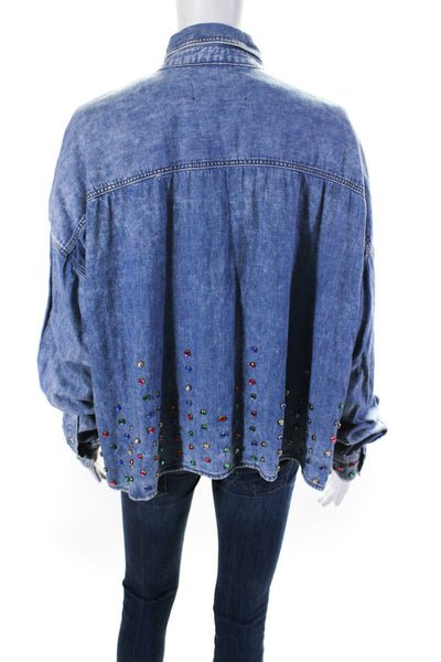 The Kooples Womens Cotton Long Sleeve Rhinestone Hem Button Up Shirt Blue Size 2