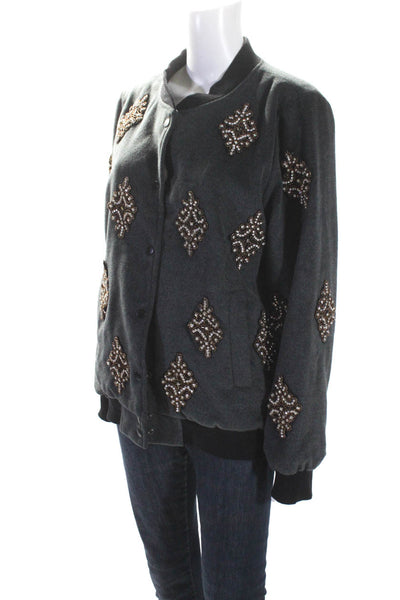 Sister Jane Womens Gray Beaded Crystal Embellished Bomber Jacket Size L