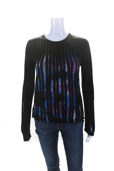 Desigual Womens Abstract Pleated Crew Neck Sweater Black Pink Blue Size Medium