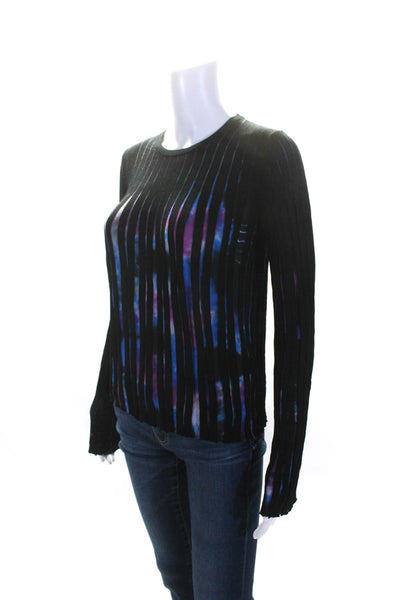 Desigual Womens Abstract Pleated Crew Neck Sweater Black Pink Blue Size Medium