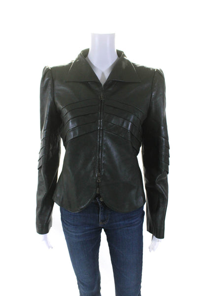 Valentino Womens Front Zip Long Sleeve Collared Leather Jacket Green Size 10