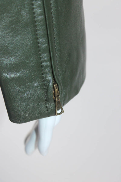 Valentino Womens Front Zip Long Sleeve Collared Leather Jacket Green Size 10