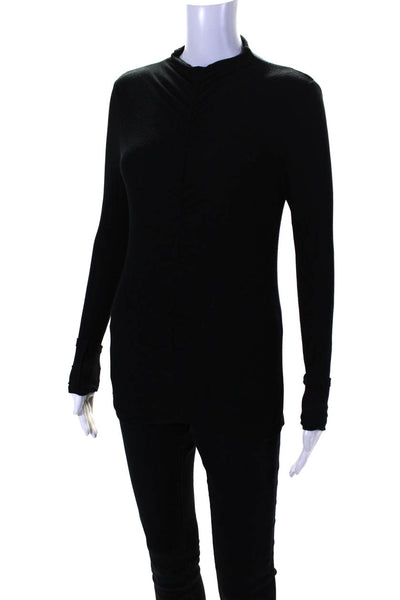 Veronica Beard Womens Ribbed Knit Ruched Front Long Sleeve Shirt Black Size XS