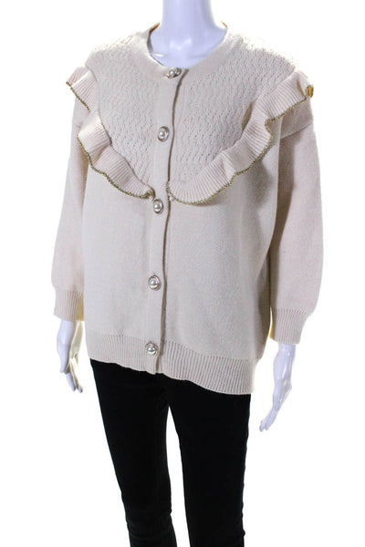 Vita Grace Women's Long Sleeves Ruffle Button Down Cardigan Beige One Size