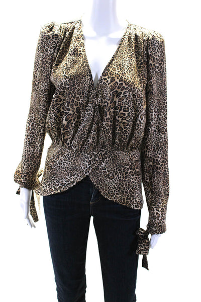 Ronny Kobo Womens Animal Print Hook & Eye Wrap Long Sleeve Blouse Brown Size XS