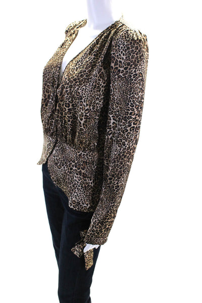 Ronny Kobo Womens Animal Print Hook & Eye Wrap Long Sleeve Blouse Brown Size XS