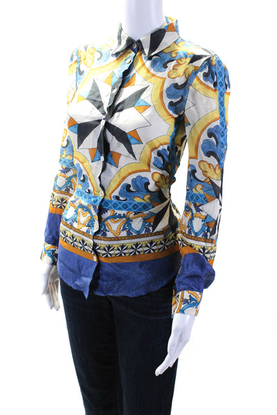Philosophy di Alberta Ferretti Womens Silk Abstract Buttoned Blouse Blue Size 2