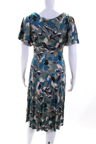 Temperley London Womens Silk Floral Print Short Sleeve Midi Dress Blue Size 4
