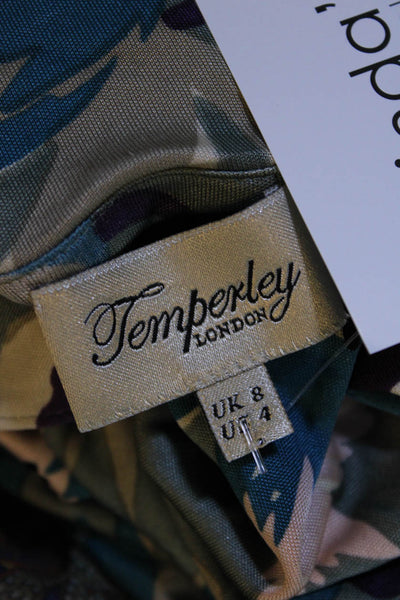 Temperley London Womens Silk Floral Print Short Sleeve Midi Dress Blue Size 4