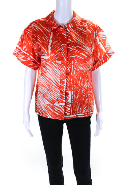 Milly Womens Abstract Collared Short Sleeve Button Up Blouse Top Orange Size S