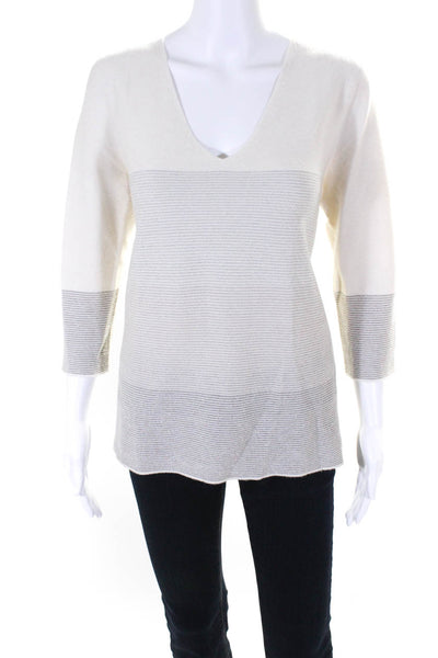 D. Exterior Womens Cashmere Metallic Long Sleeve V-Neck Sweater White Size L