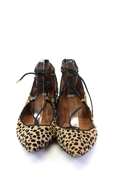 Aquazzura Women's Pointed Toe Lace Up Animal Print Ballet Flat Shoe Size 8