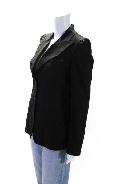 DKNY Womens Woven Linen Notched Collar Button Up Blazer Jacket Black Size 4