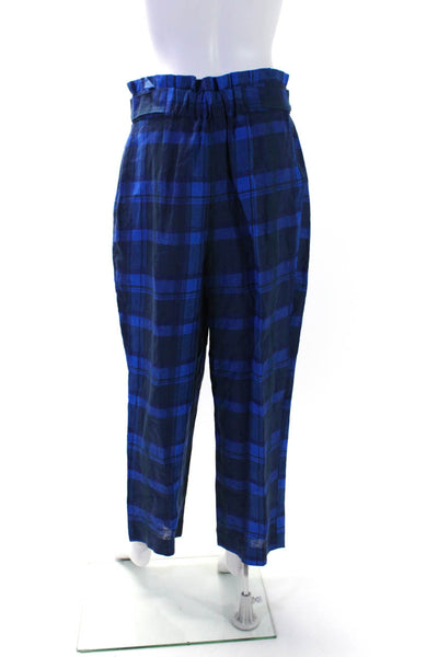 Whistles Womens Linen Plaid Pleated High Rise Straight Leg Pants Blue Size 8