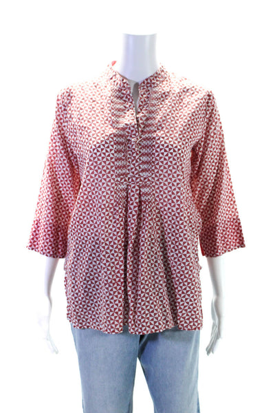 Roller Rabbit Womens Geometric Printed Pleated V-Neck Blouse Top Pink Size S