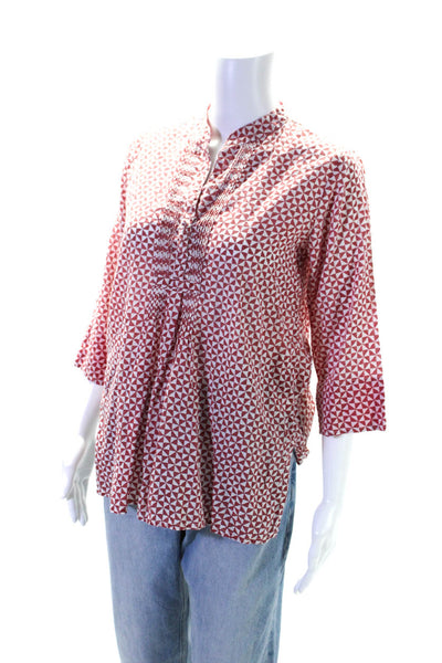 Roller Rabbit Womens Geometric Printed Pleated V-Neck Blouse Top Pink Size S