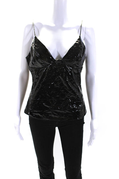 Amanda Uprichard Womens Patent Leather V Neck Spaghetti Strap Top Black Size L