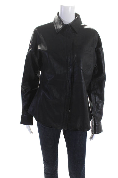 Walter Baker Womens Leather Collared Button Up Blouse Top Black Size M