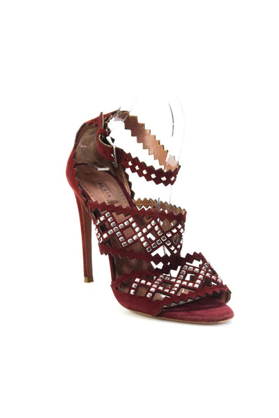 Alaia Womens Stiletto Studded Scalloped Laser Cut Sandals Red Suede Size 40