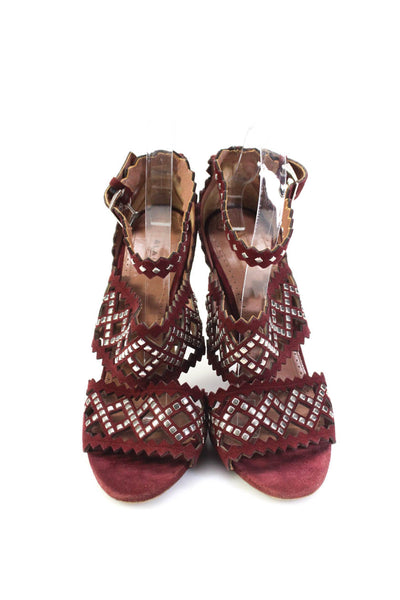 Alaia Womens Stiletto Studded Scalloped Laser Cut Sandals Red Suede Size 40