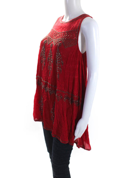 Free People Women's Round Neck Sleeveless Beaded Tunic Blouse Red Size S