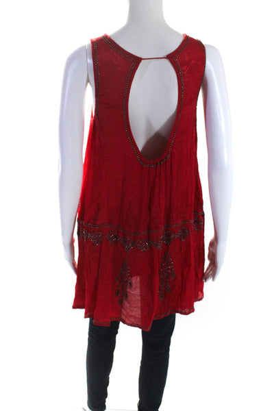Free People Women's Round Neck Sleeveless Beaded Tunic Blouse Red Size S
