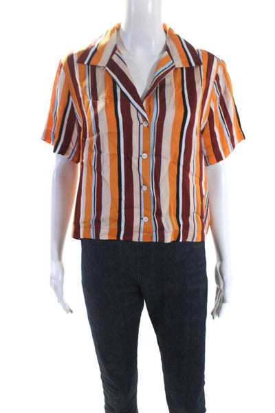 Frame Womens Striped Collared Short Sleeve Button Up Blouse Top Orange Size M